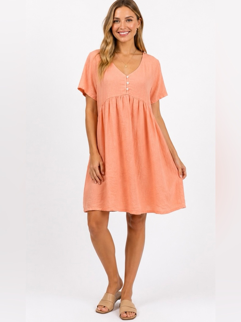 Cynthia Rowley 100% Linen Peach Babydoll Dress Pockets Size Medium